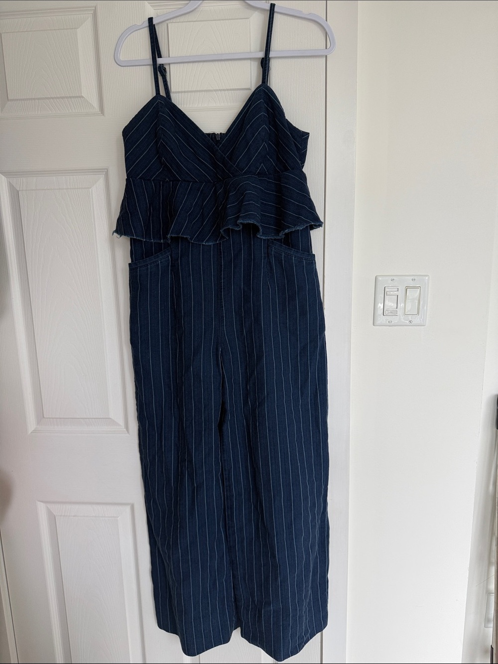 Anthropologie Navy Pinstripe Ruffled Bodice Jumpsuit